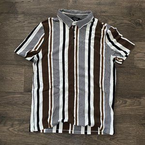 Express Men’s Vertical Stripe Polo Shirt Brown Black White Collared Short Sleeve